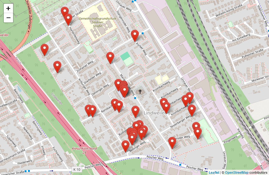 Lindweiler Stadtkarte mit Standortmarkierungen, Nahaufnahme der Straßen und Informtionen zu Einrichtungen und Sehenswürdigkeiten in Lindweiler.
