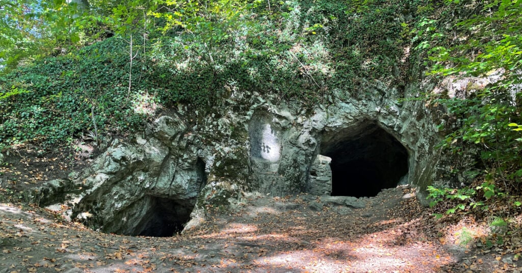 Versteckte Höhlen im Wald bei Lindweiler, umgeben von grünen Bäumen und Natur, ideal für Wanderungen und Abenteuertouren in der naturbelassenen Umgebung.