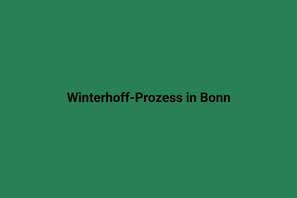 Grünes Banner mit dem Text „Winterhoff-Prozess in Bonn“ auf schwarzer Schrift.
