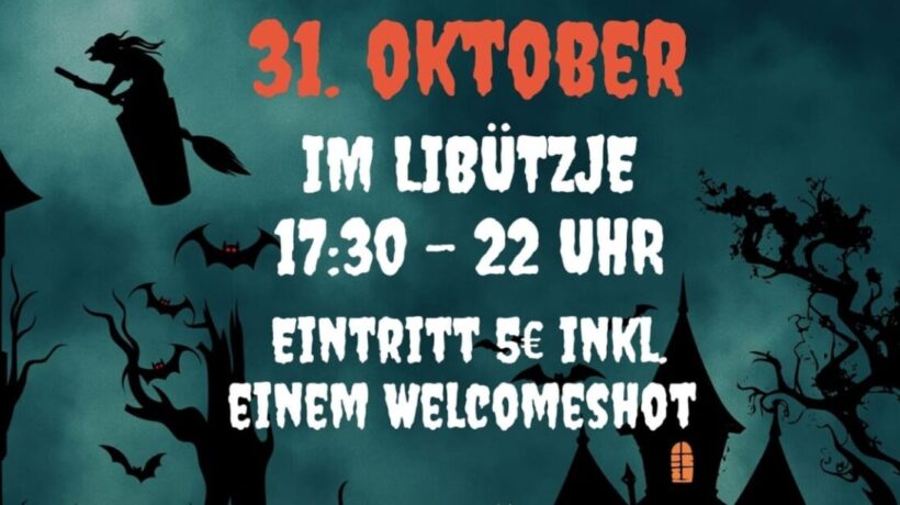 Spukhaus Halloween Poster mit Kürbissen und Geistern für eine Halloween-Party am 31. Oktober in Lindweiler, Deutschland.