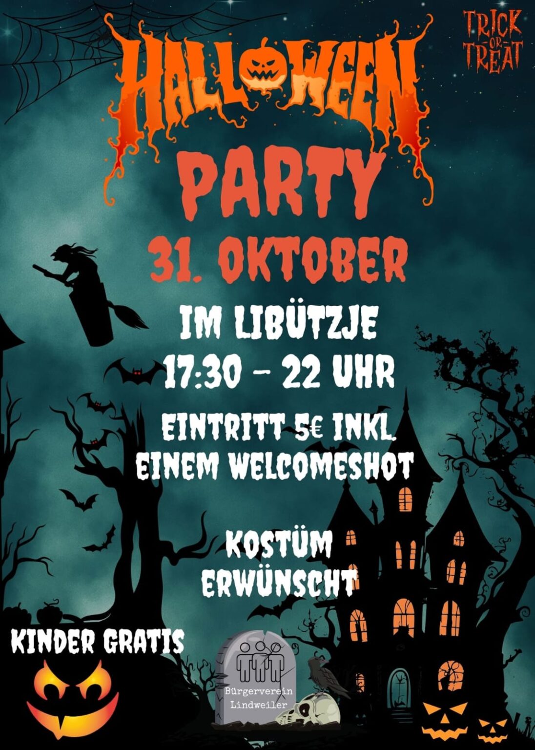 Spukhaus Halloween Poster mit Kürbissen und Geistern für eine Halloween-Party am 31. Oktober in Lindweiler, Deutschland.