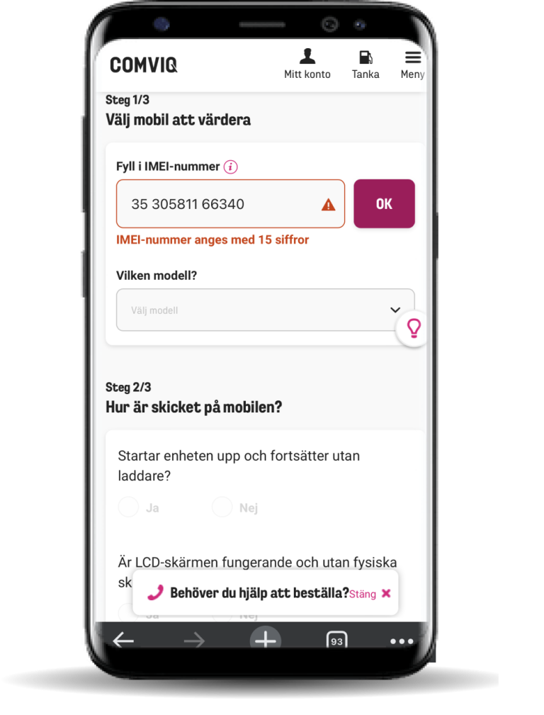 Image of a phone showing the trade in flow of Comviqs webpage