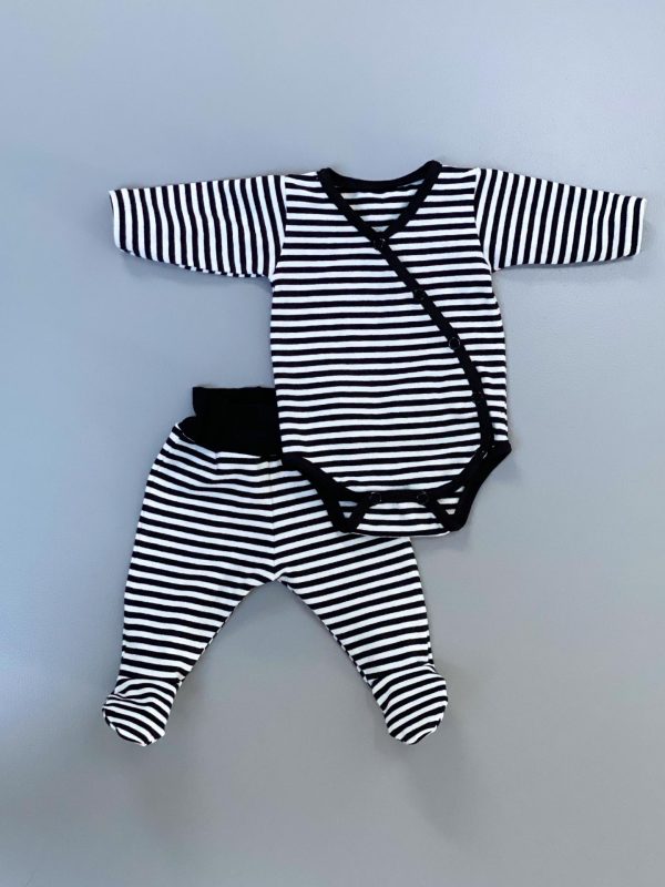 Black and white striped baby bodystock and pants with feet