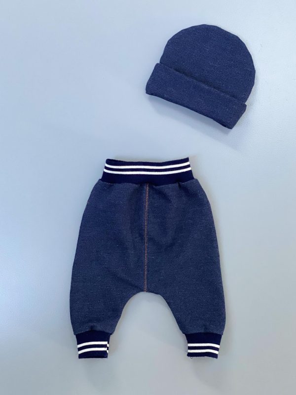 Blue baby pant with striped rib and a blue hat