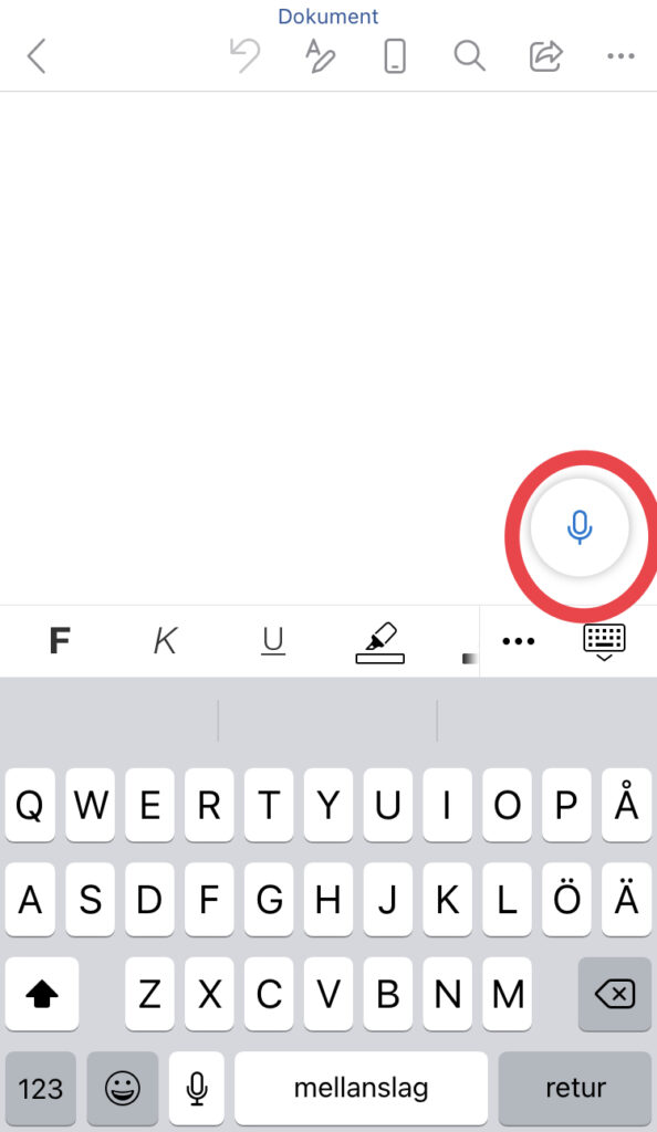 Screenshot of where to find dictation in the Microsoft Word app for iOS.