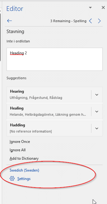 Spelling suggestions in the editor in Word.