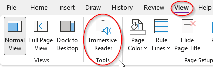 Picture showing menue of where to find Immersive Reader OneNote for Windows 10