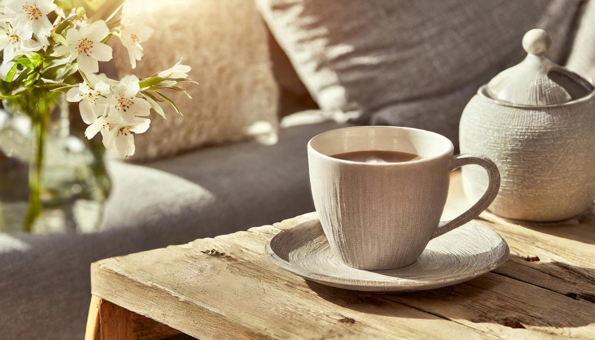 Table with a coffee mug and a cozy lounge.