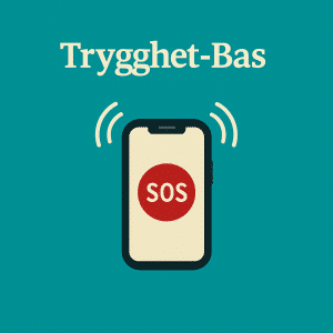 Illustration av mobiltelefon med SOS-knapp – symboliserar LivKolls trygghetslarm och bastrygghetstjänster i hemmet.