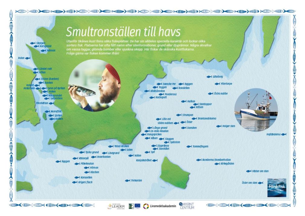 Karta över fiskeplatser runt Skånes kuster
