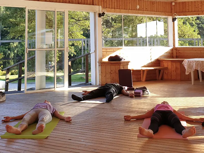 Deltagare som utövar yoga på Ljuvadal.