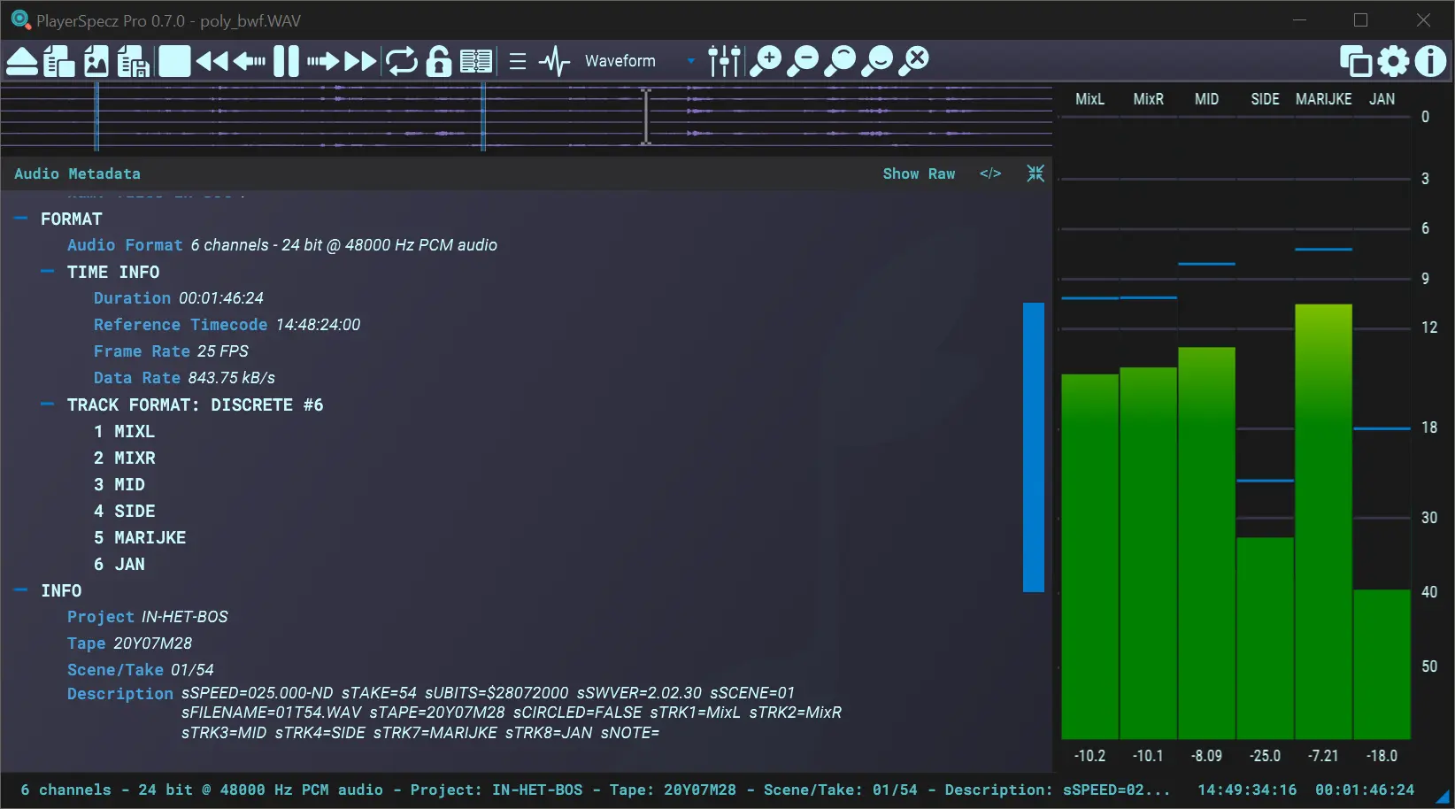 Graphical interface of PlayerSpecz, showing the metadata display off a multi-channel file.