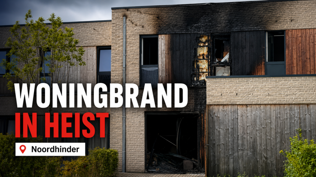 Een woning grotendeels uitgebrand in de Noordhinder in Heist. De bewoners waren afwezig, maar hun huis is onbewoonbaar.