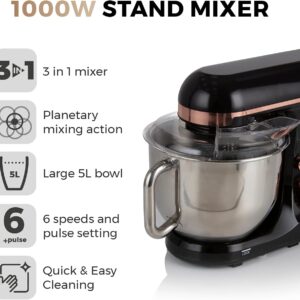 Tower T12033RG 3-in-1 5L Stand Mixer with 6 Speeds and Pulse Setting, 1000W, Rose Gold