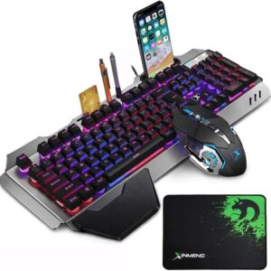 Wired Gaming Keyboard and Mouse Sets RGB LED Backlit Metal Plate 104 Keys Hand rest Usb Gamer Light Up Keyboard 2400DPI Optical 6 Buttons PC Game Mouse + Mousepad Compatible with Laptop Computer