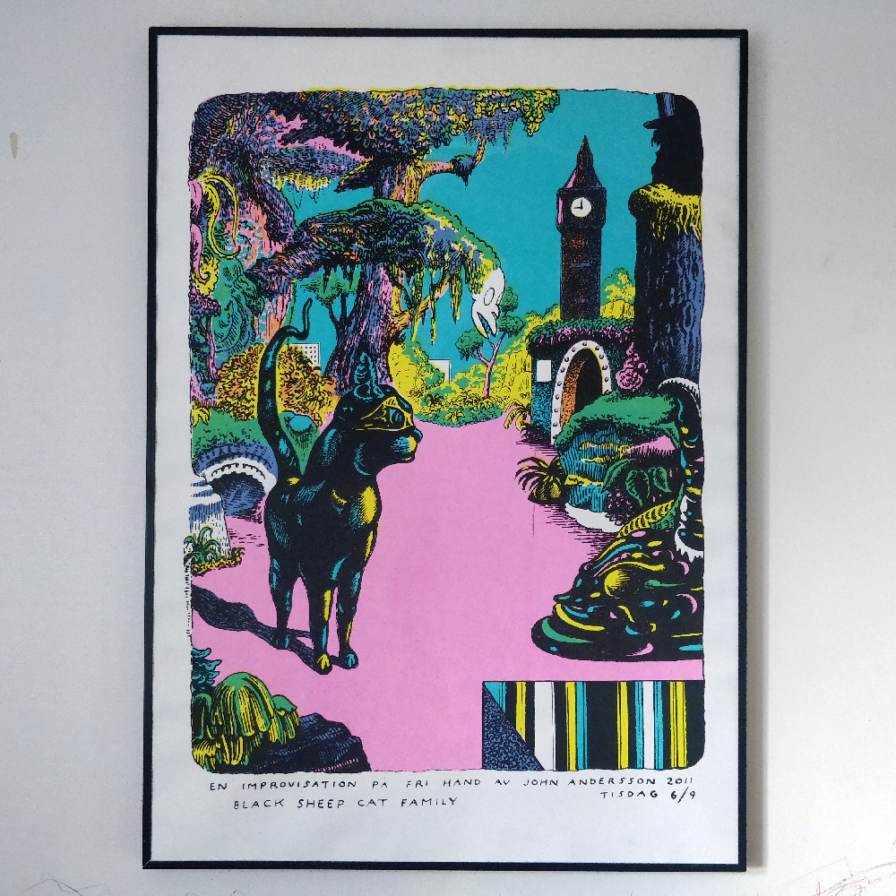 Black sheep cat family - screen printed poster by John Andersson