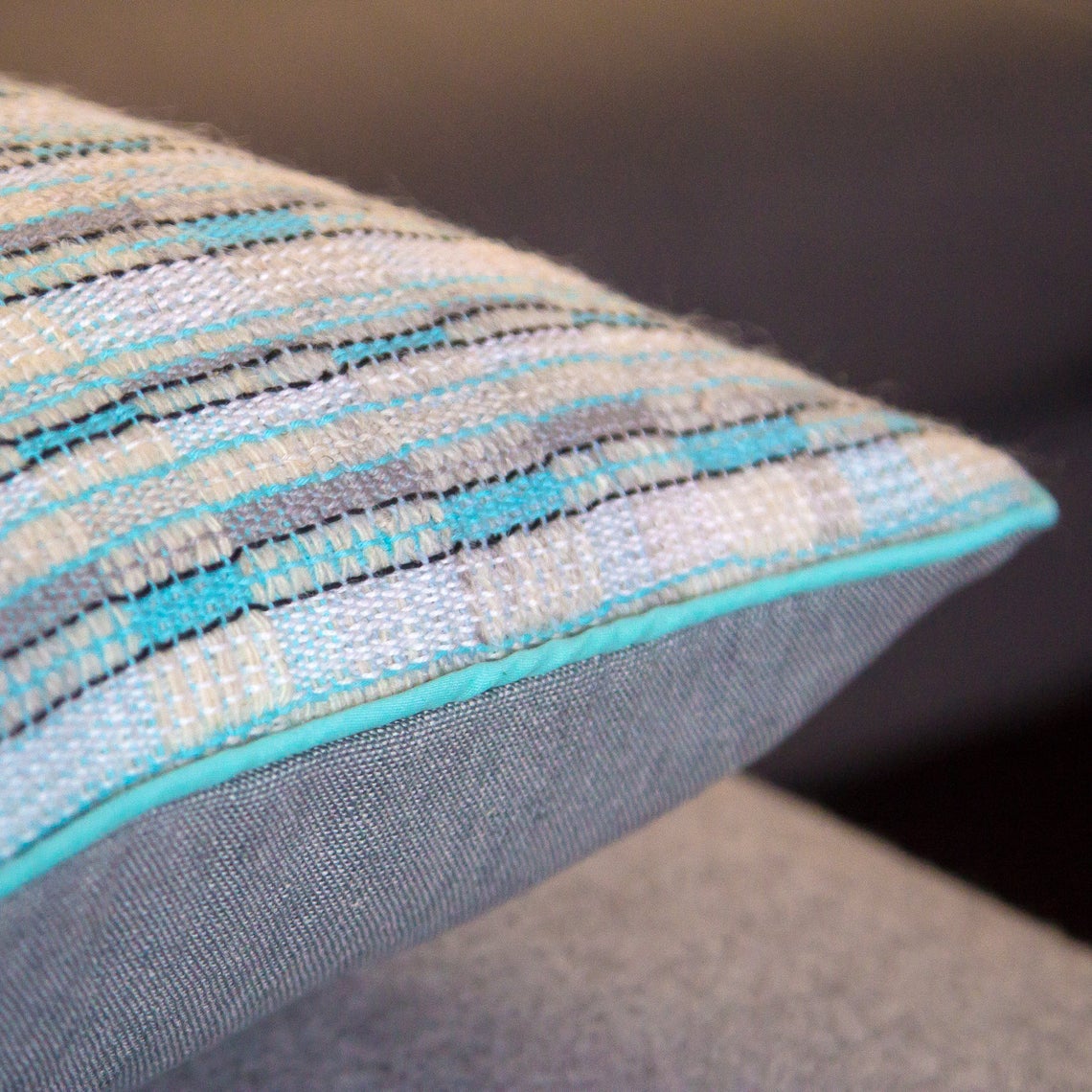 Aquamarine white and silver fleck handwoven cushion
