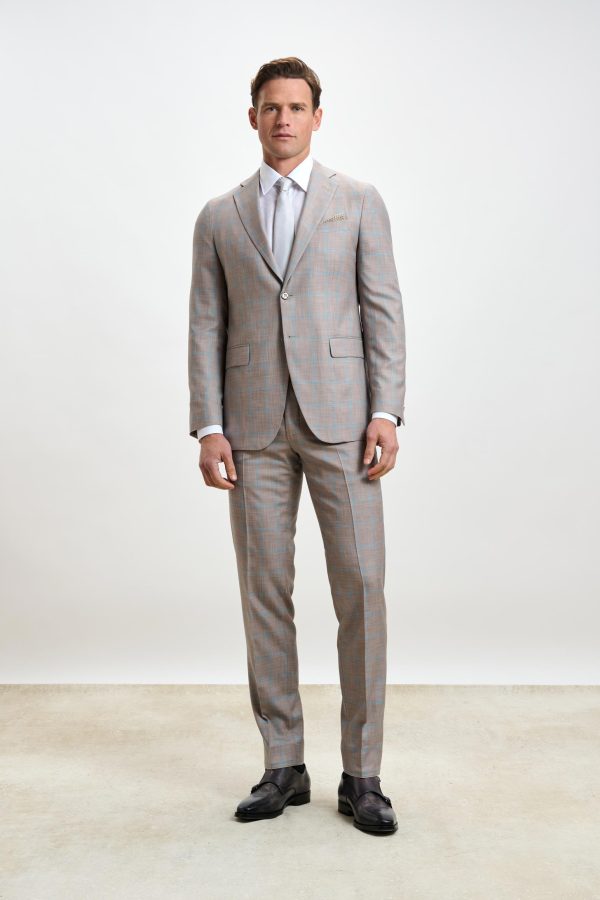 Beige Turquoise Check Kenton Suit Sleek