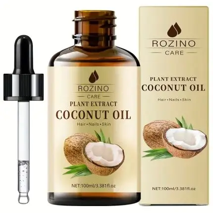 Ekologisk kokosolja i en elegant glasflaska med naturliga ingredienser i bakgrunden.