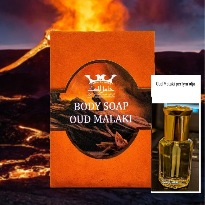 "Oud Malaki Kropp Tvål och Oud Malaki Parfym Olja - Eleganta förpackningar som utstrålar lyx och doft"