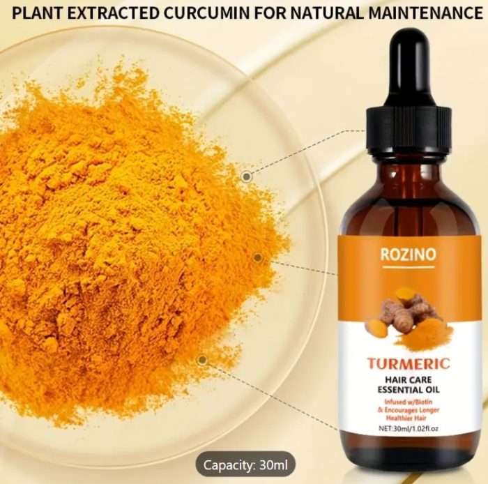 Flaska med Turmeric Hair Care Essential Oil, 30ml, som revitaliserar och stärker hår.