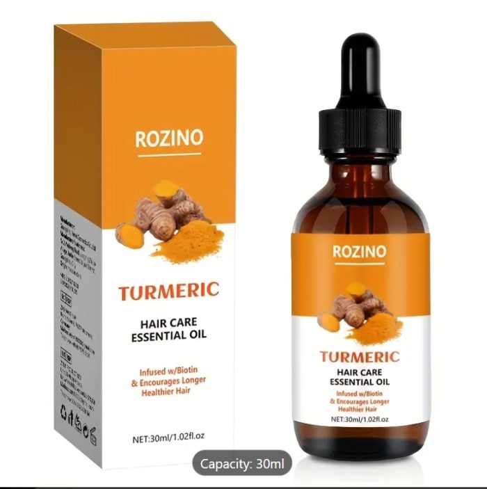 Flaska med Turmeric Hair Care Essential Oil, 30ml, som revitaliserar och stärker hår.