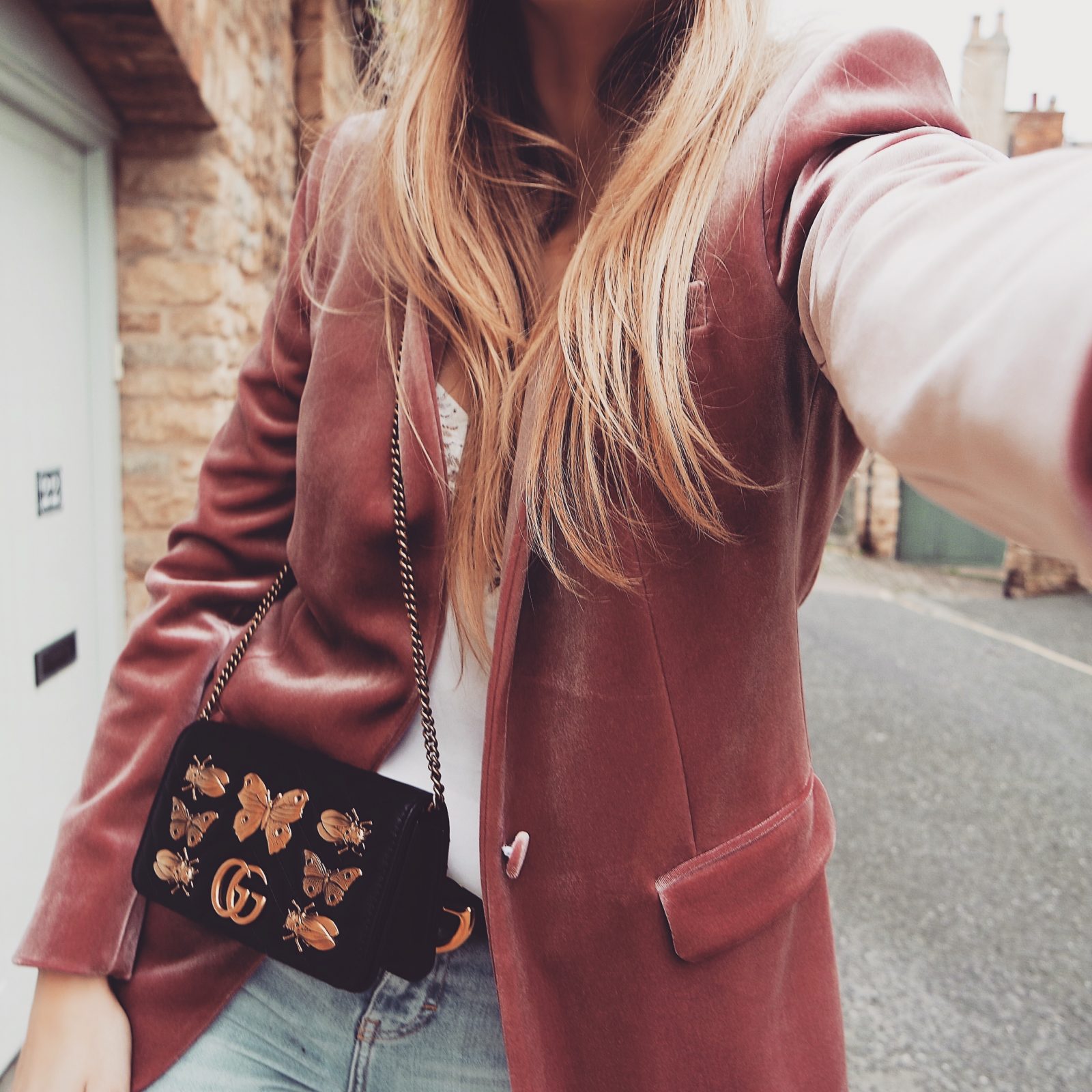 Pink Velvet Blazer - Gucci Marmont Bug Bag