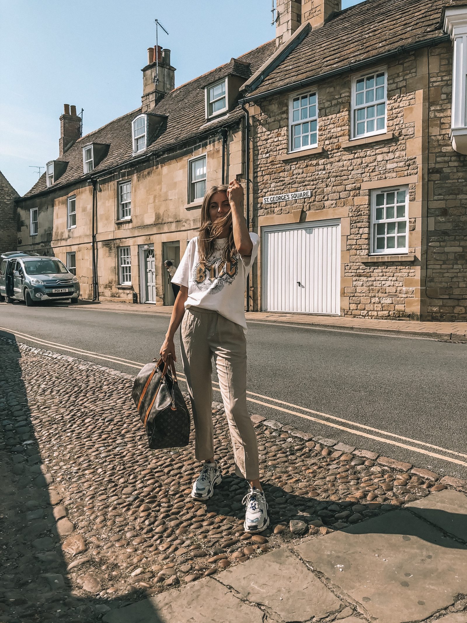 H&M SS19 Linen Trousers with Paperbag waist worn with Anine Bing Printed Tee & Balenciaga Triple S