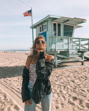 Topshop Sale Buys - Topshop Oversized Black Denim Jacket on Santa Monica Beach, California
