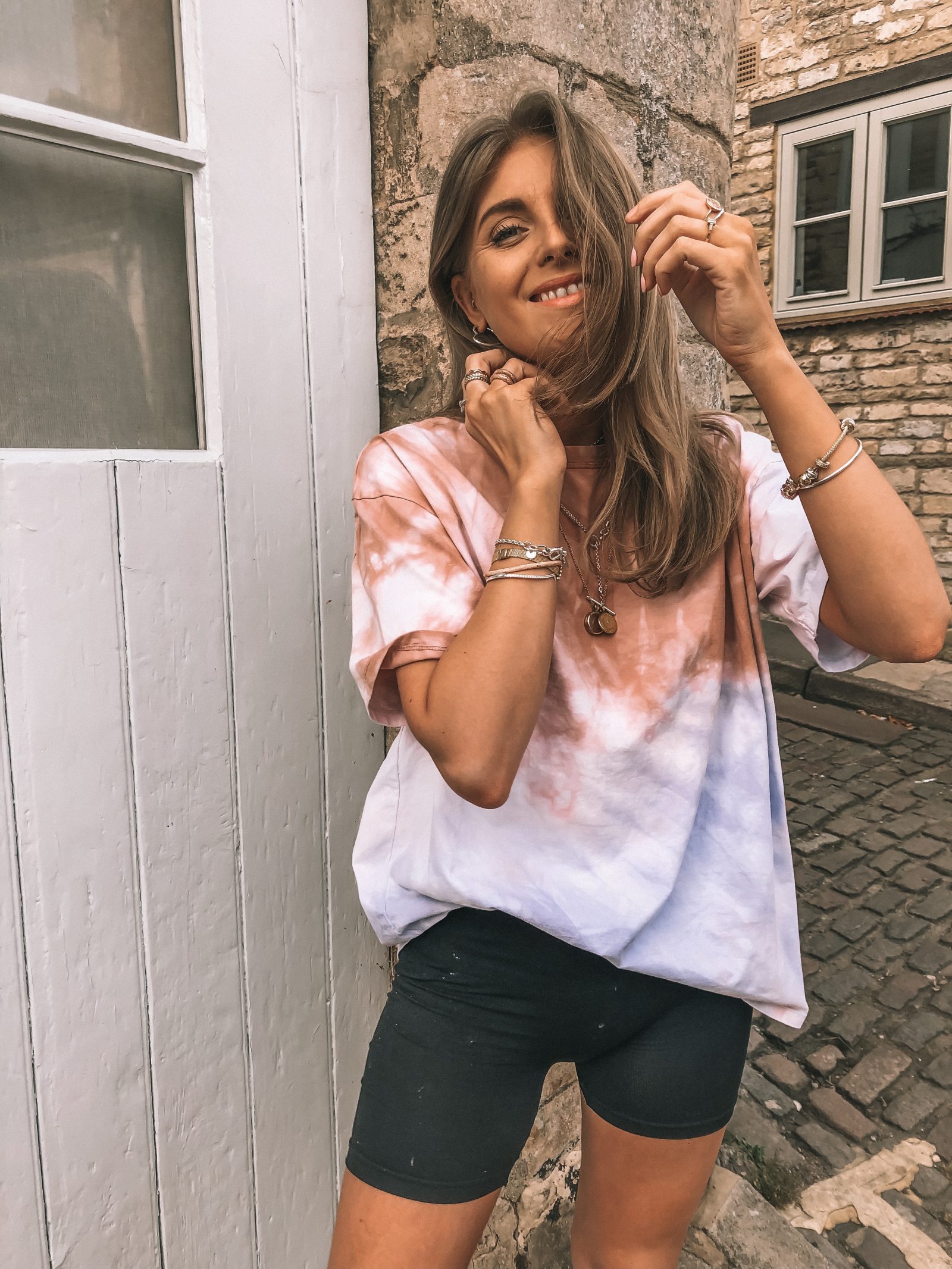 Zara tye dye t shirt styled with cycling shorts for spring - SS19 trends