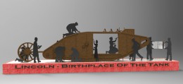 Artists impression of the memorial showing a 2D model of the tank on a red brick plinth.