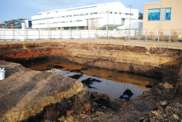 The large excavation hole where the 11,000 year-old artefacts were uncovered. Photo: Jess Ward