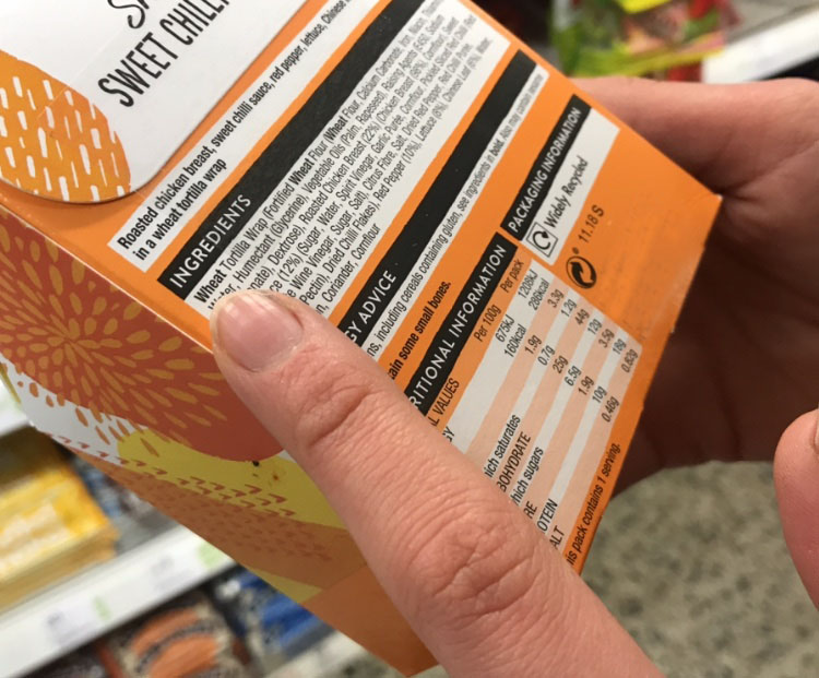 Packaging of food containing wheat and gluten.