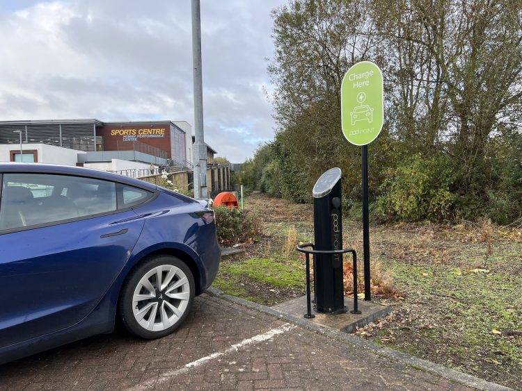 Tesla Model 3 at the University Sports Centre's PodPoint EV chargers