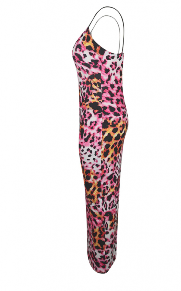 Spaghetti Strap Leopard Print Pink Bodycon Dress 3