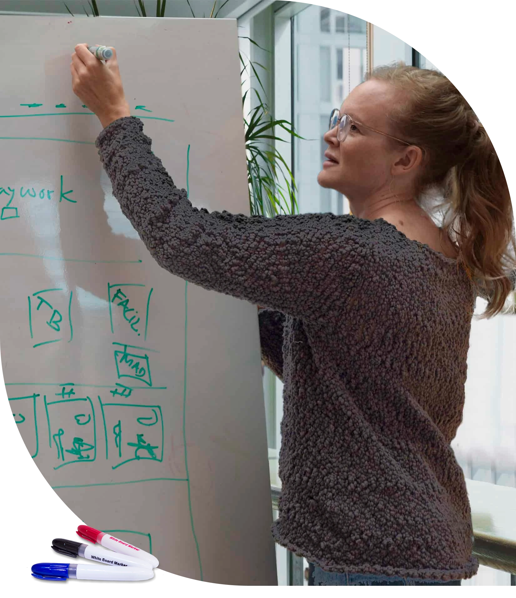Trine (kvinde) tegner en ny hjemmeside på et whiteboard