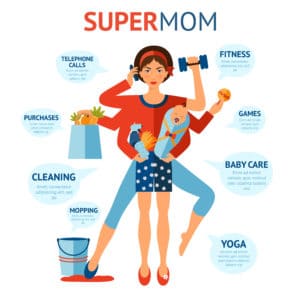 Multitasking super mom concept with woman holding baby and housework objects in hands