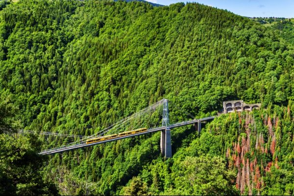 Gele trein rijdt over een brug in de Pyreneeën.