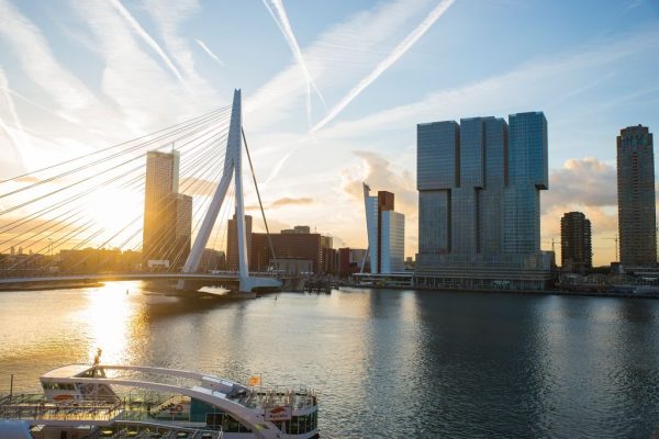 Panoramisch zicht op de Erasmusbrug en wolkenkrabbers in Rotterdam.