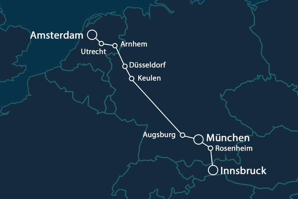 Kaart van de nachttrein tussen Amsterdam en Innsbruck.