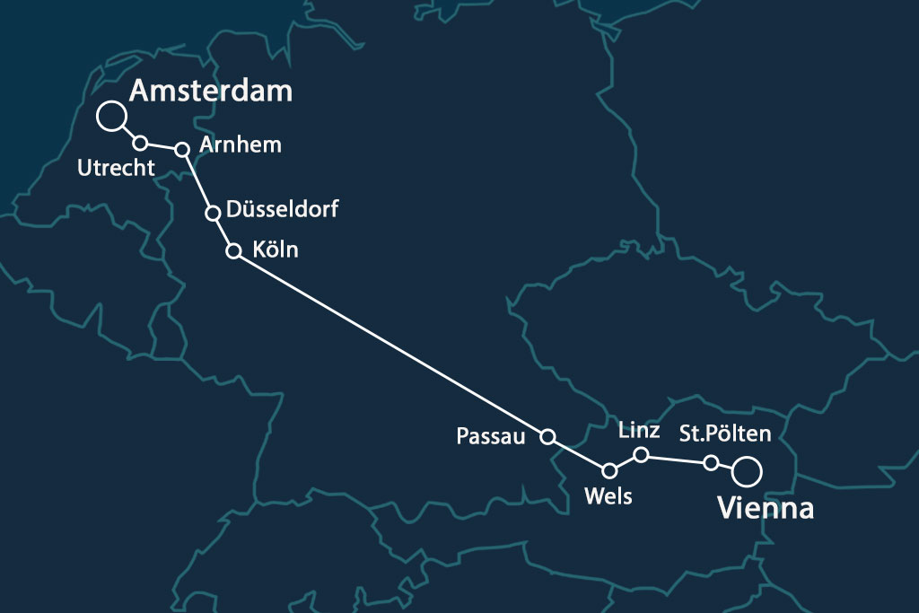 Map of the Amsterdam-Vienna night train. ©Lunatrain