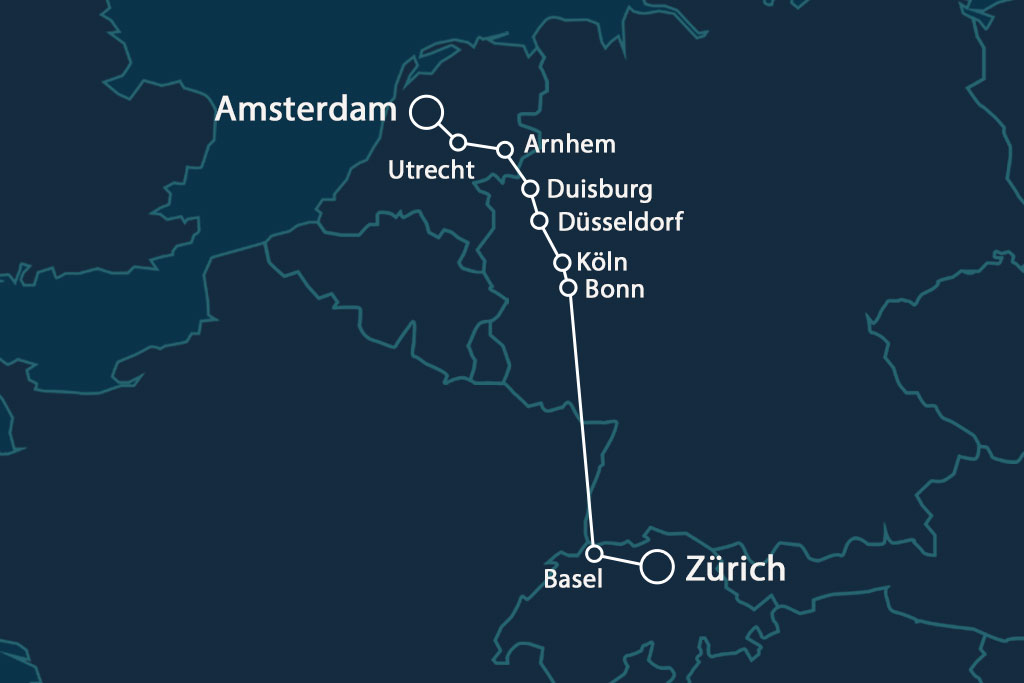 Map of the Amsterdam-Zurich night train. ©Lunatrain