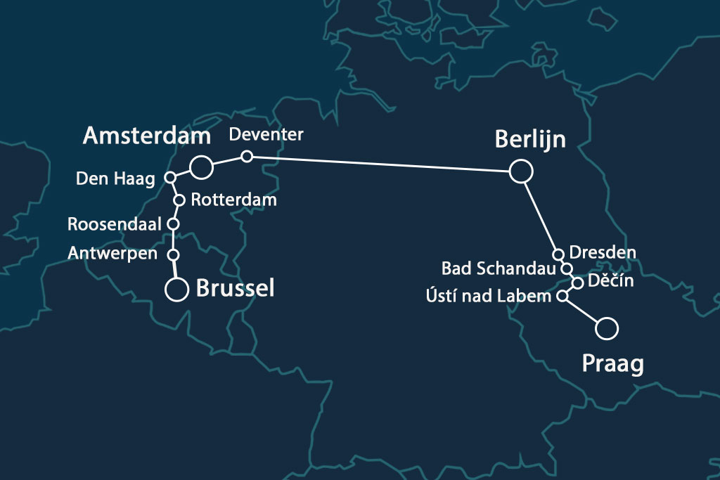 Kaart van de nachttrein tussen Brussel en Praag.