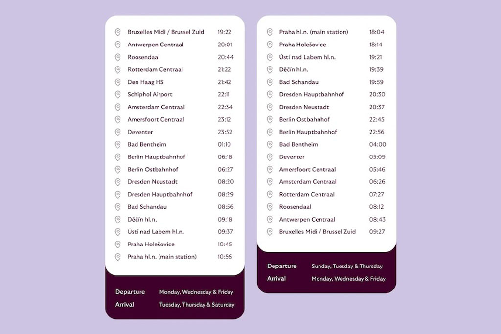 Timetable European Sleeper night train Brussels-Prague.