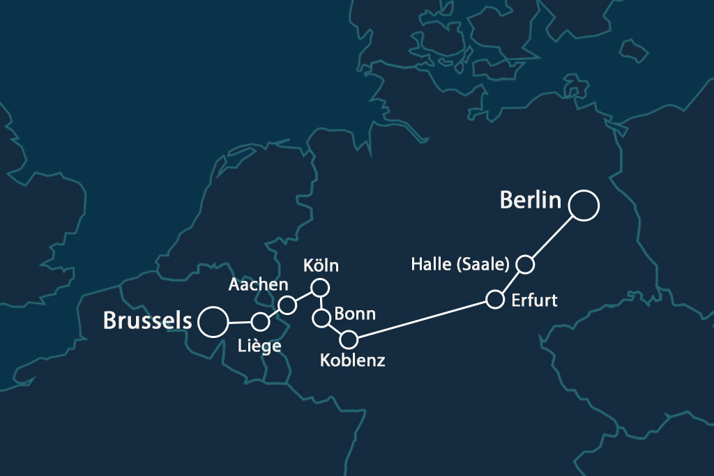 Map of the ÖBB NightJet night train between Brussels and Berlin.