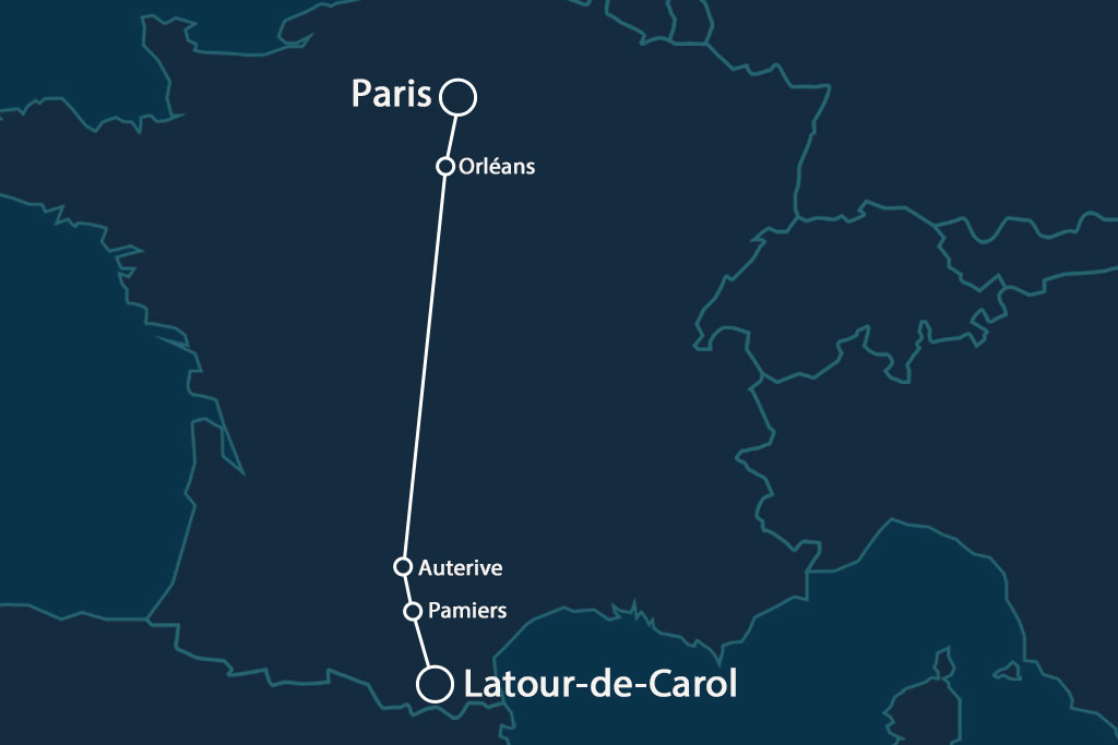 Map of the SNCF night train between Paris and Latour-de-Carol.