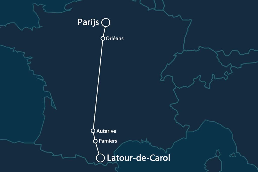 Routekaart van de SNCF nachttrein tussen Parijs en Latour-de-Carol. © LunaTrain