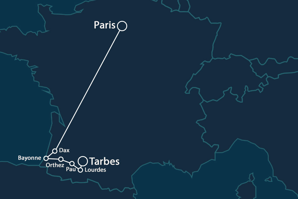 Map of the SNCF night train between Paris and Tarbes.