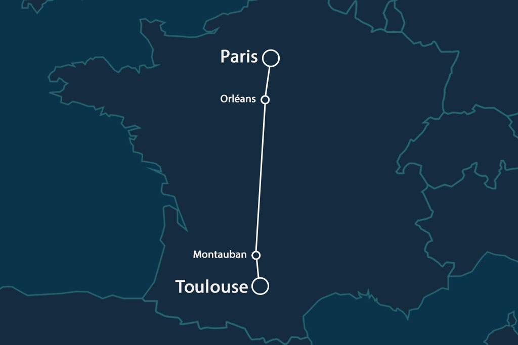 Map of the SNCF night train between Paris and Toulouse. ©LunaTrain