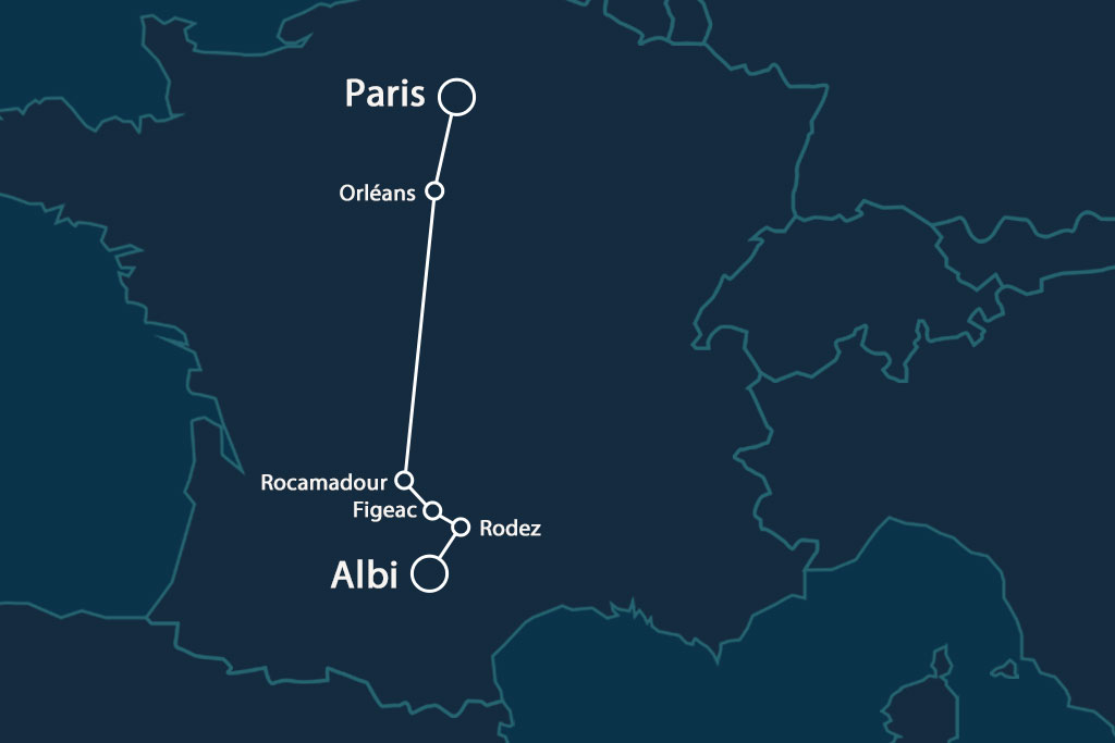 Map of the night train connection between Paris, Rodez and Albi.